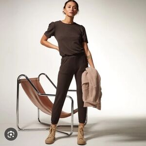 Monrow Cocoa Jumpsuit Super Soft Sweater Puff Sleeves Pockets